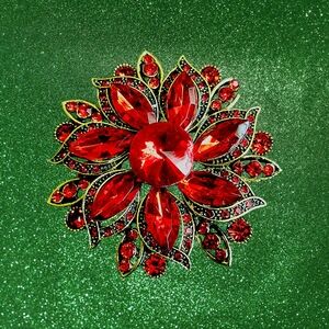 Red Rhinestone Floral Brooch